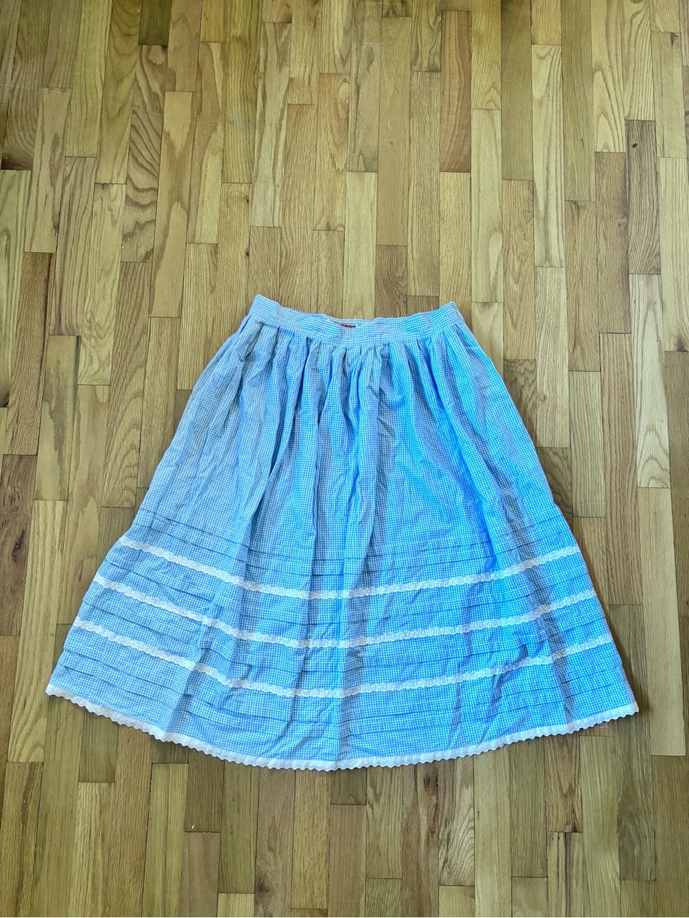 Vintage Blue White Gingham Midi Skirt with Lace Detailing